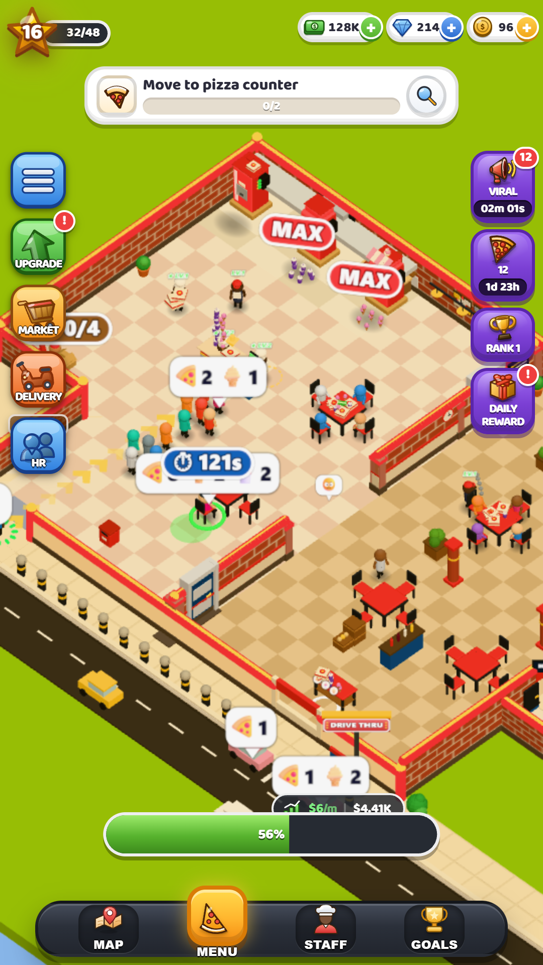 A busy pizza restaurant with a drive-thru queue