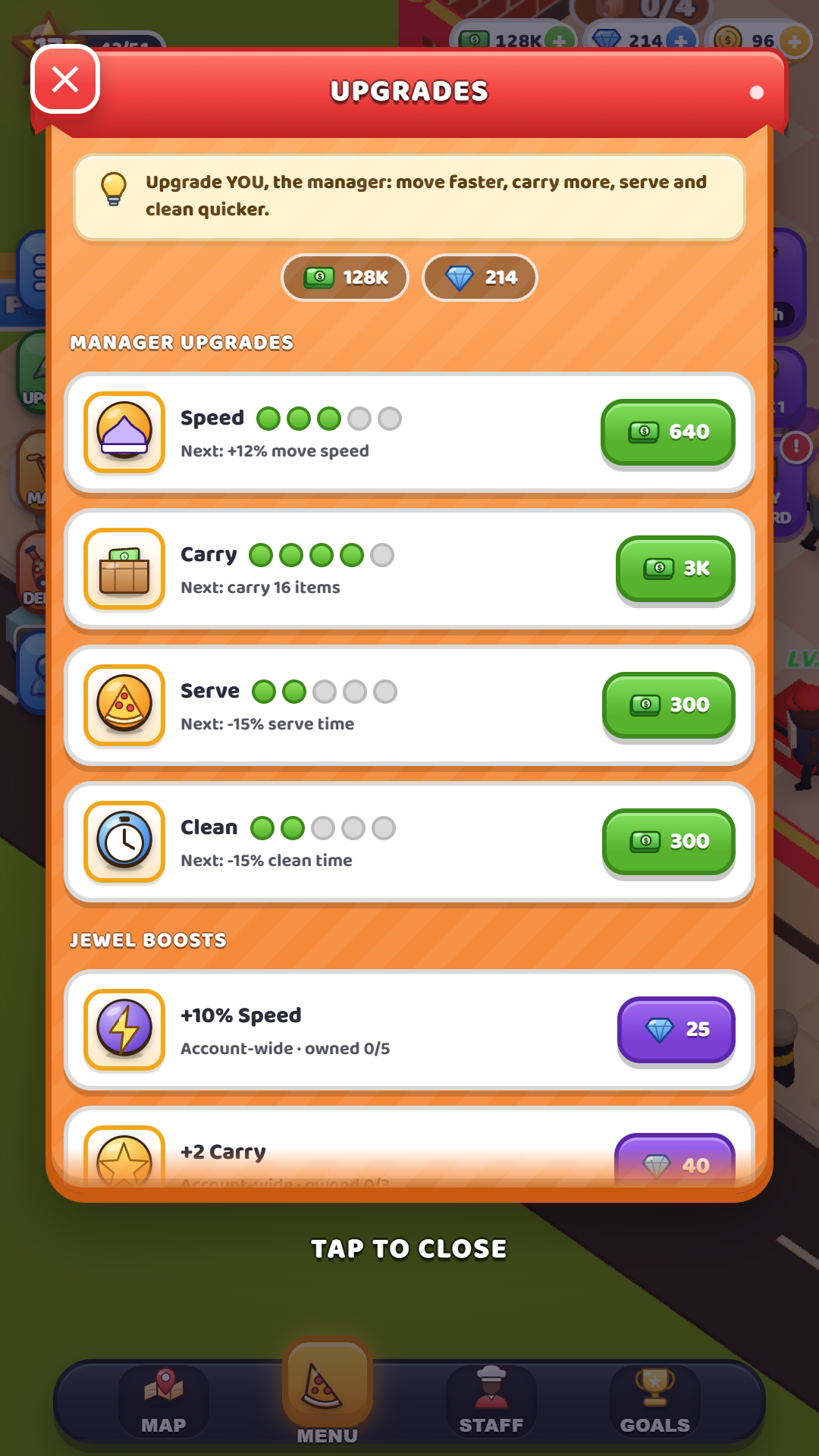 Manager upgrades: speed, carry, serve and clean