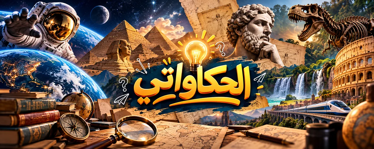 غلاف الحكاواتي: الأهرامات، رائد فضاء، تمثال فيلسوف، ديناصور، وكتب وخرايط حوالين اسم القناة